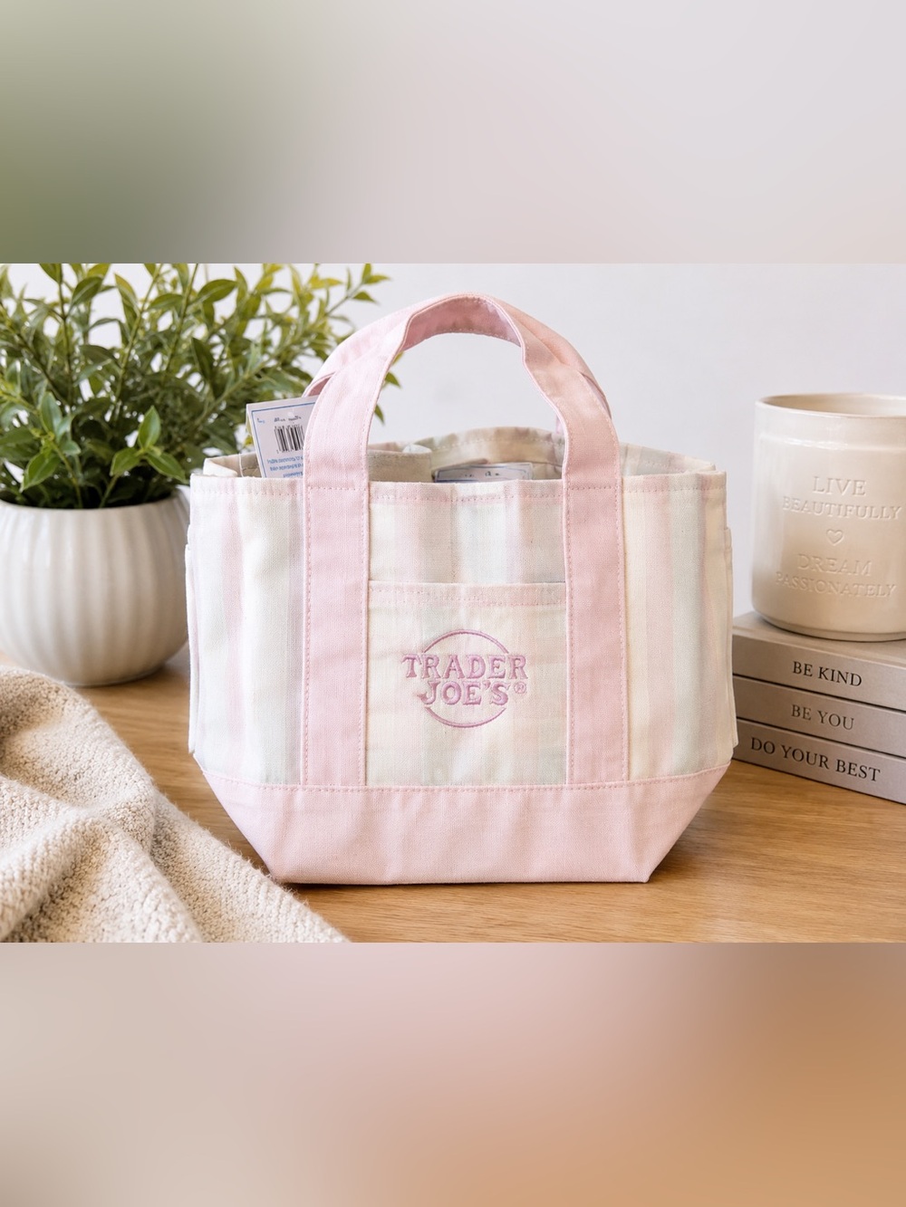 Trader Joe’s Pastel Mini Canvas Tote Bag Pink White Striped